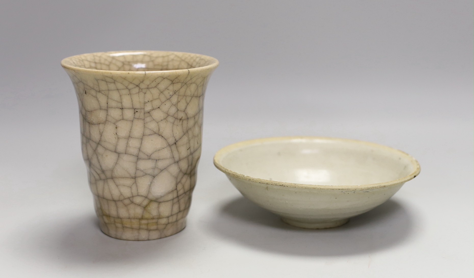 A Chinese crackle glaze vase and another Chinese bowl, tallest 12cm